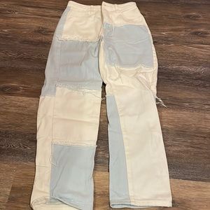 XS blue and white checkered mom jeans